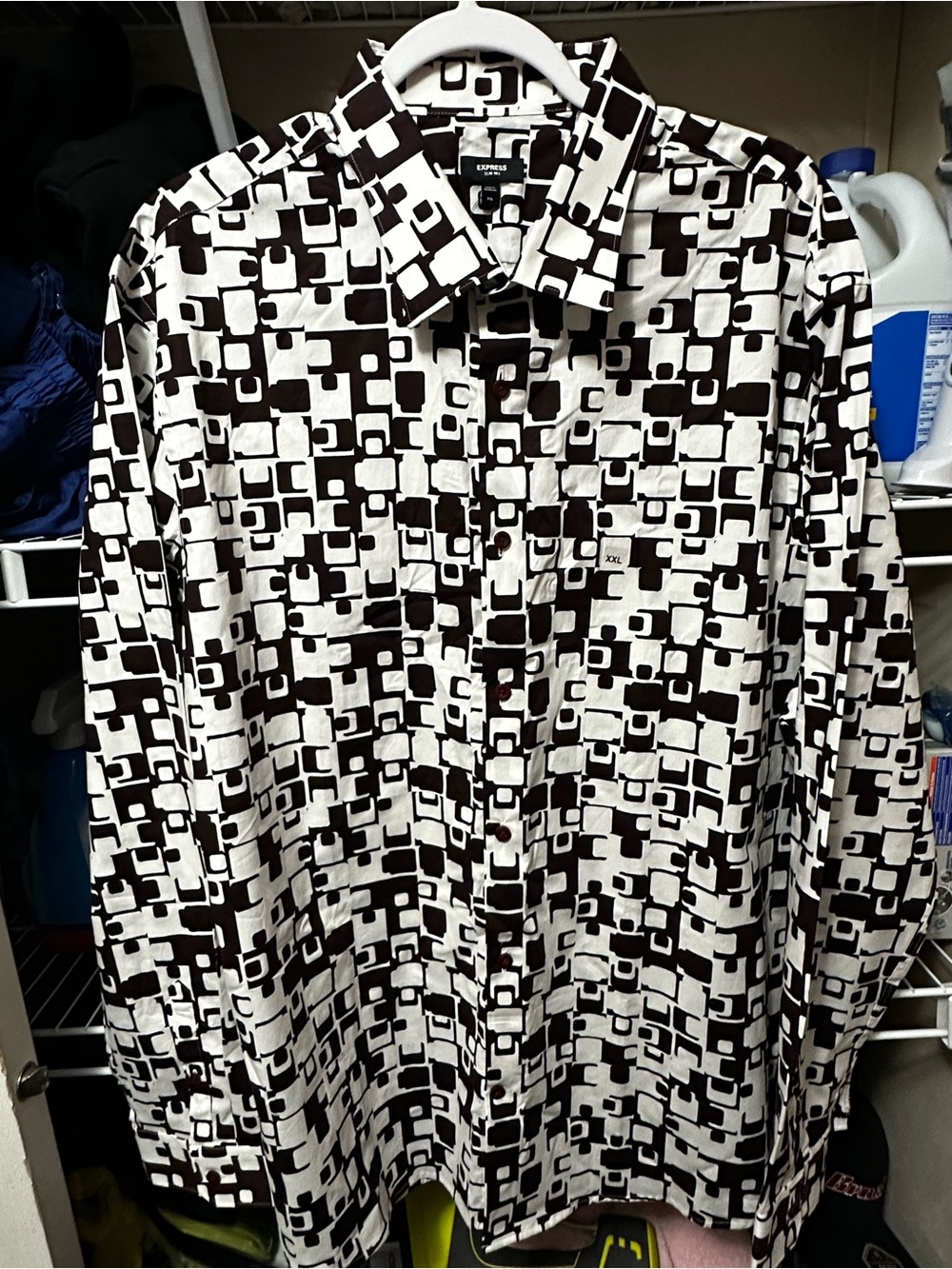 Express Dark Brown and White Geometric Button-Down Shirt